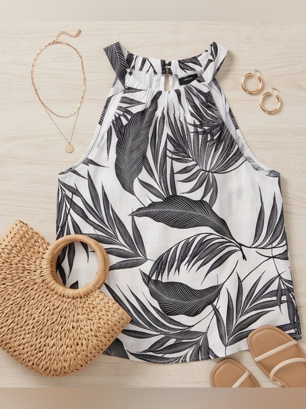 Tahari Black and White Tropical Print Halter Top